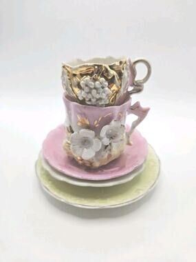 Miniature Mini Cup & Saucer Fine Porcelain Pink w/ Flower Hand Painted Set of 5